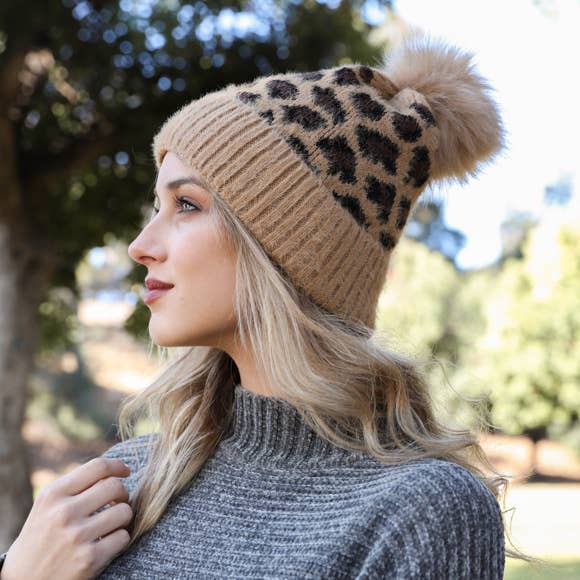 Winter Hat Leopard Print Pom Pom Hat Leopard Knit Pom Beanie