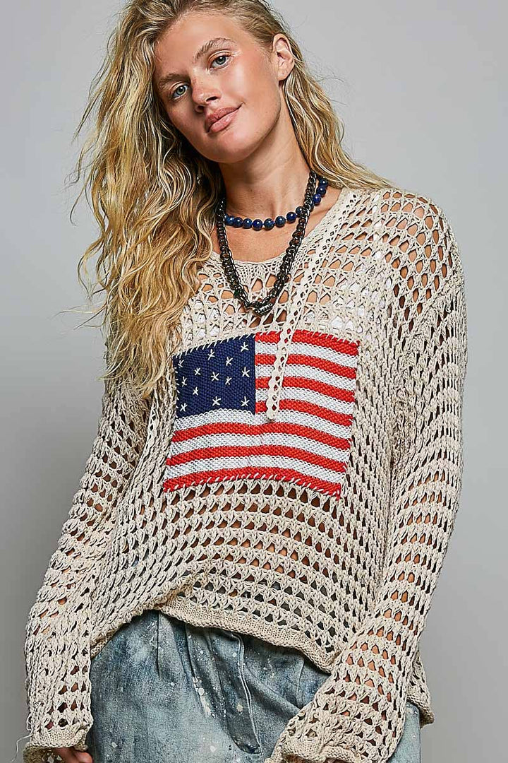 American Flag Crochet Hoodie Top