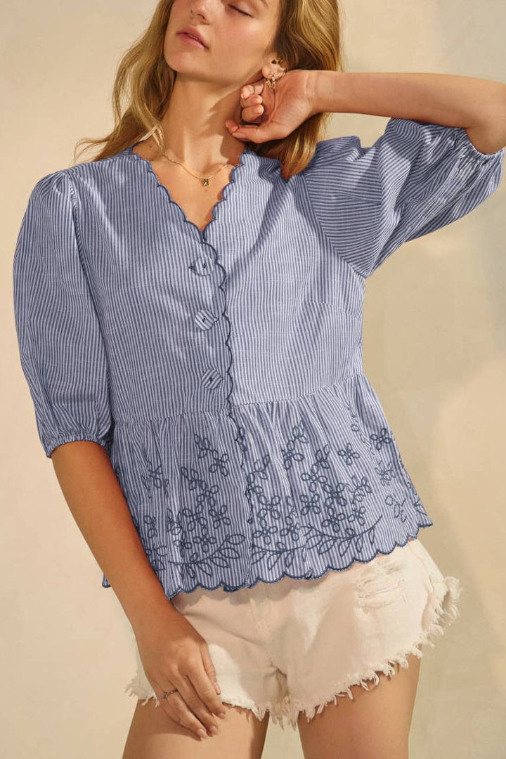Libby Striped Embroidered Peplum Top