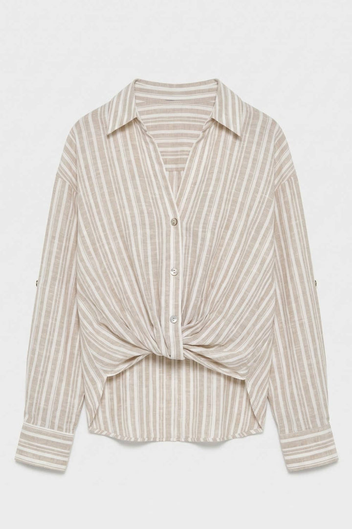 Linen Blend Twist Front Stripe Top