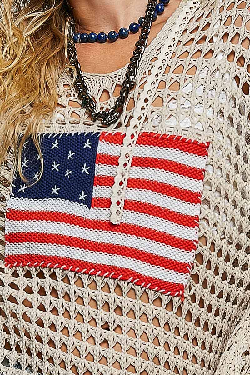 American Flag Crochet Hoodie Top