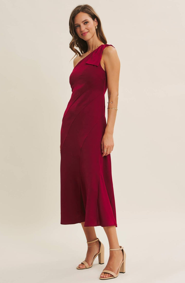 Bordeaux One Shoulder Midi Dress