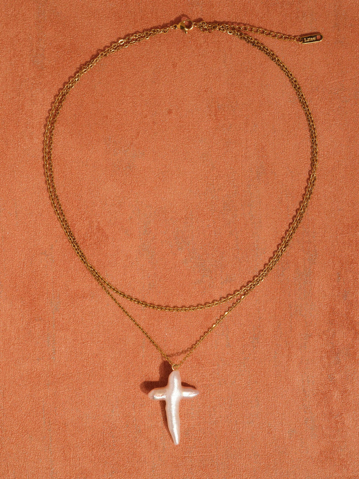 Aurise 18K Gold Non-Tarnish Freshwater Pearl Cross Necklace {Preorder}