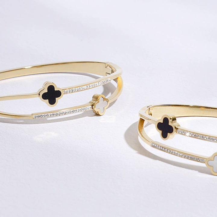 Two Tone Clover CZ Bangle Bracelet
