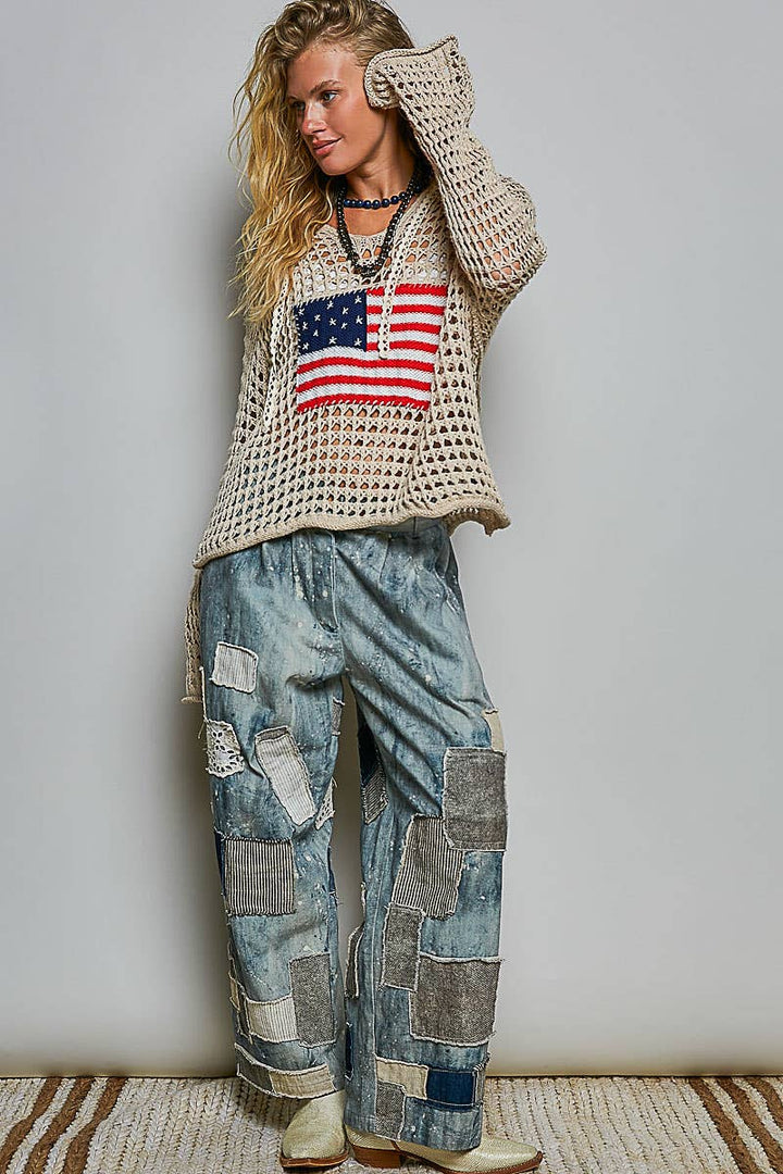 American Flag Crochet Hoodie Top