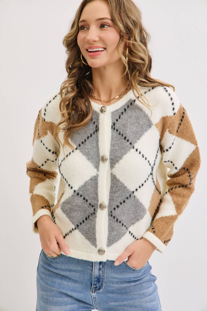 Honey and Cream Argyle Cardigan