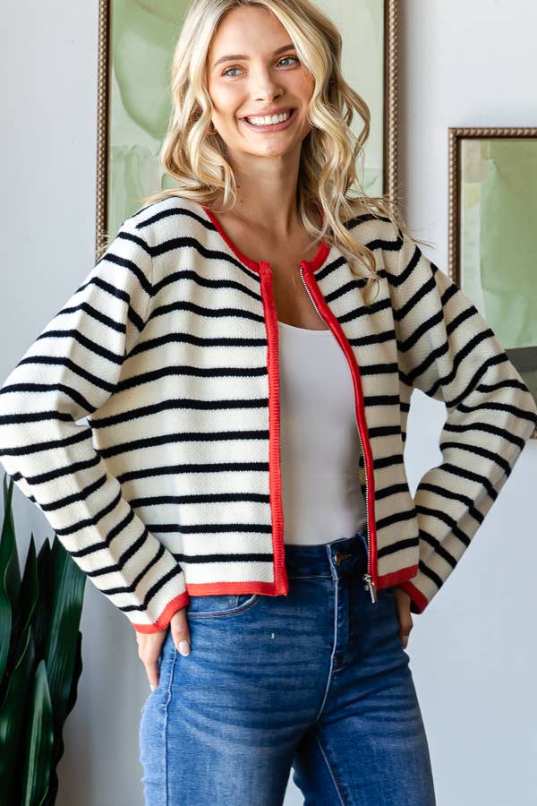 Striped Zip Up Contrast Knit Cardigan