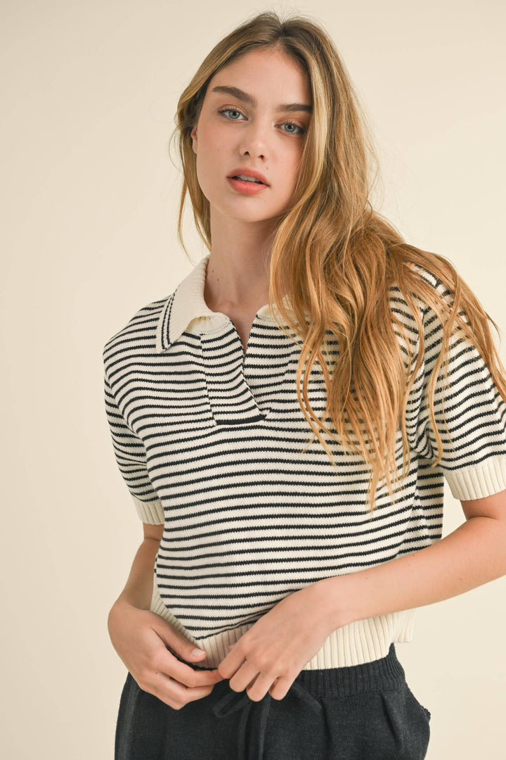 Maren Striped Knit Polo Top