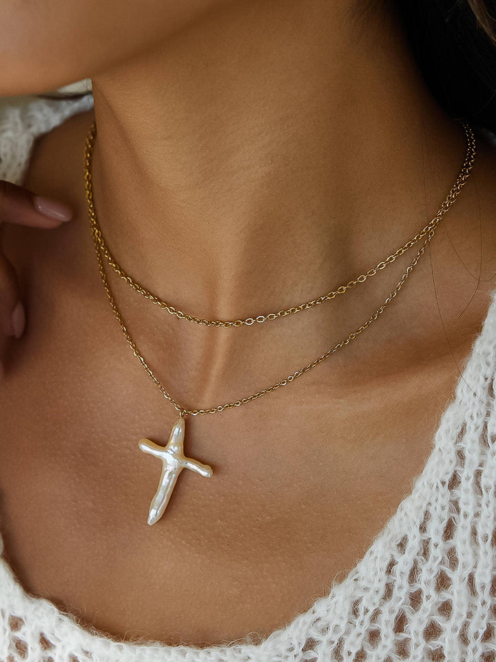 Aurise 18K Gold Non-Tarnish Freshwater Pearl Cross Necklace {Preorder}