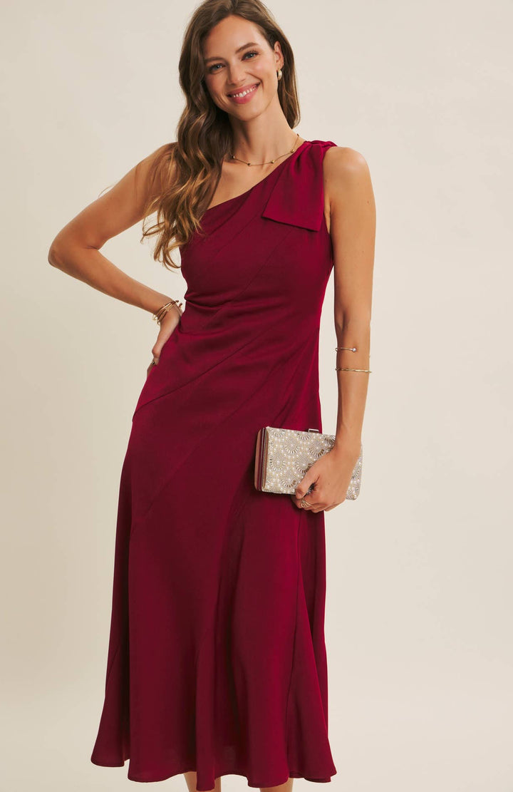 Bordeaux One Shoulder Midi Dress