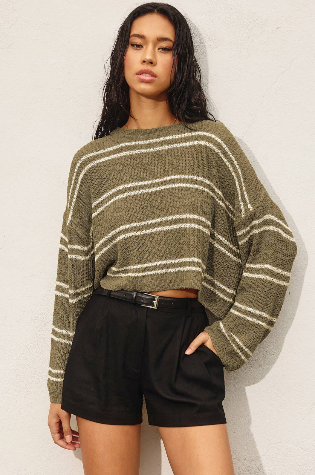 Olive Striped Knit Top