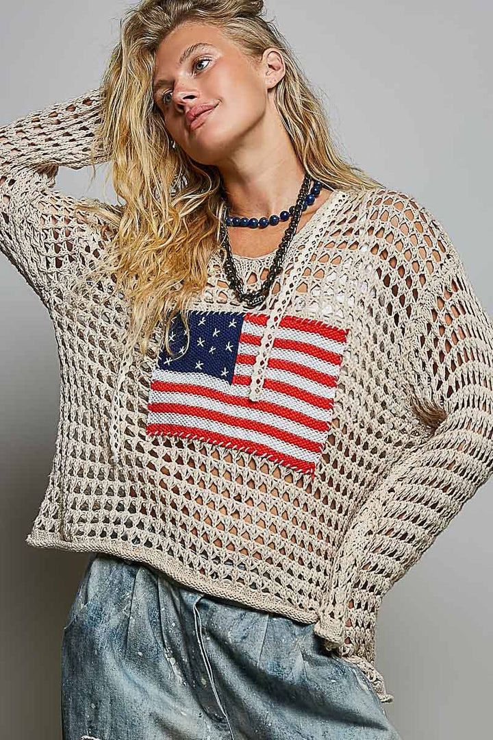 American Flag Crochet Hoodie Top