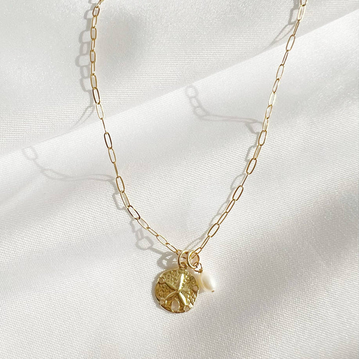 Sandy Pearl Sand Dollar Charm Gold 14K Filled Necklace