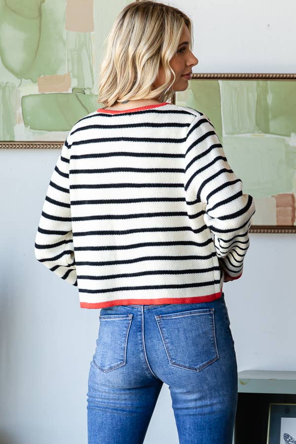 Striped Zip Up Contrast Knit Cardigan