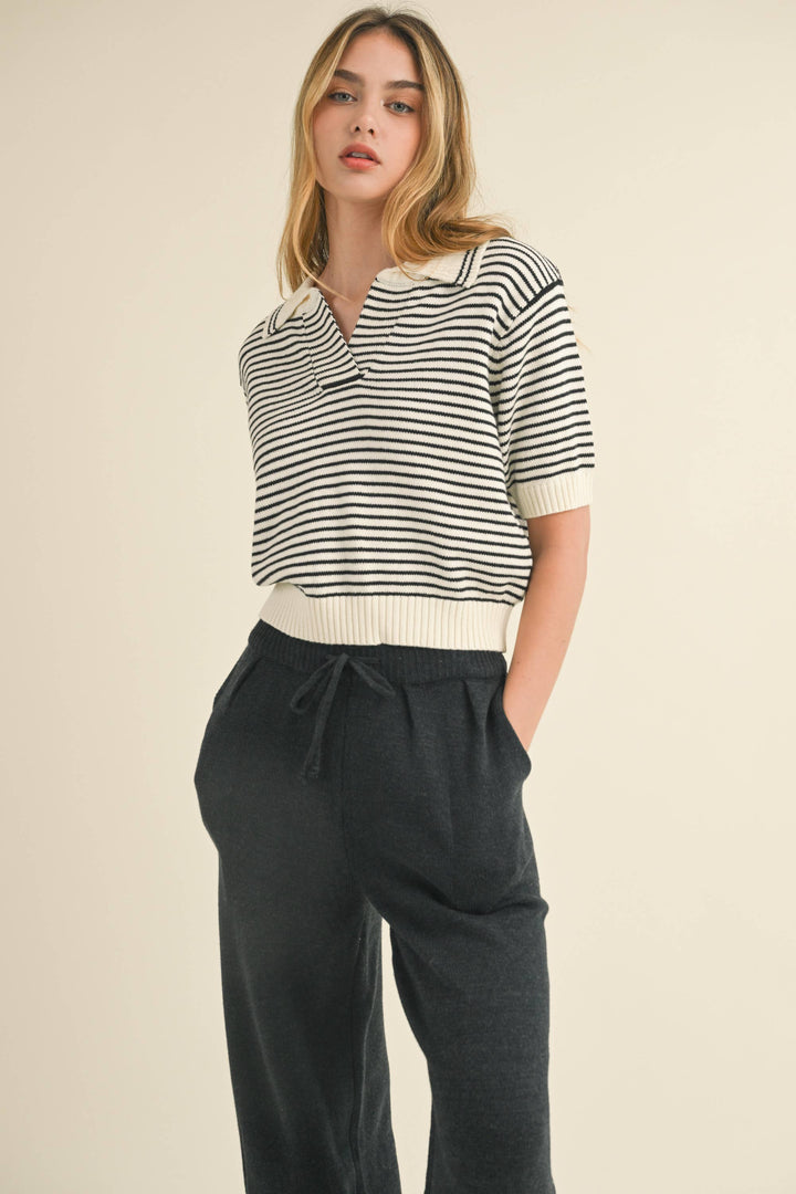 Maren Striped Knit Polo Top