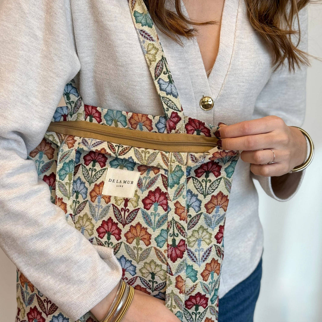 Floral Jacquard Zippered Tote Bag