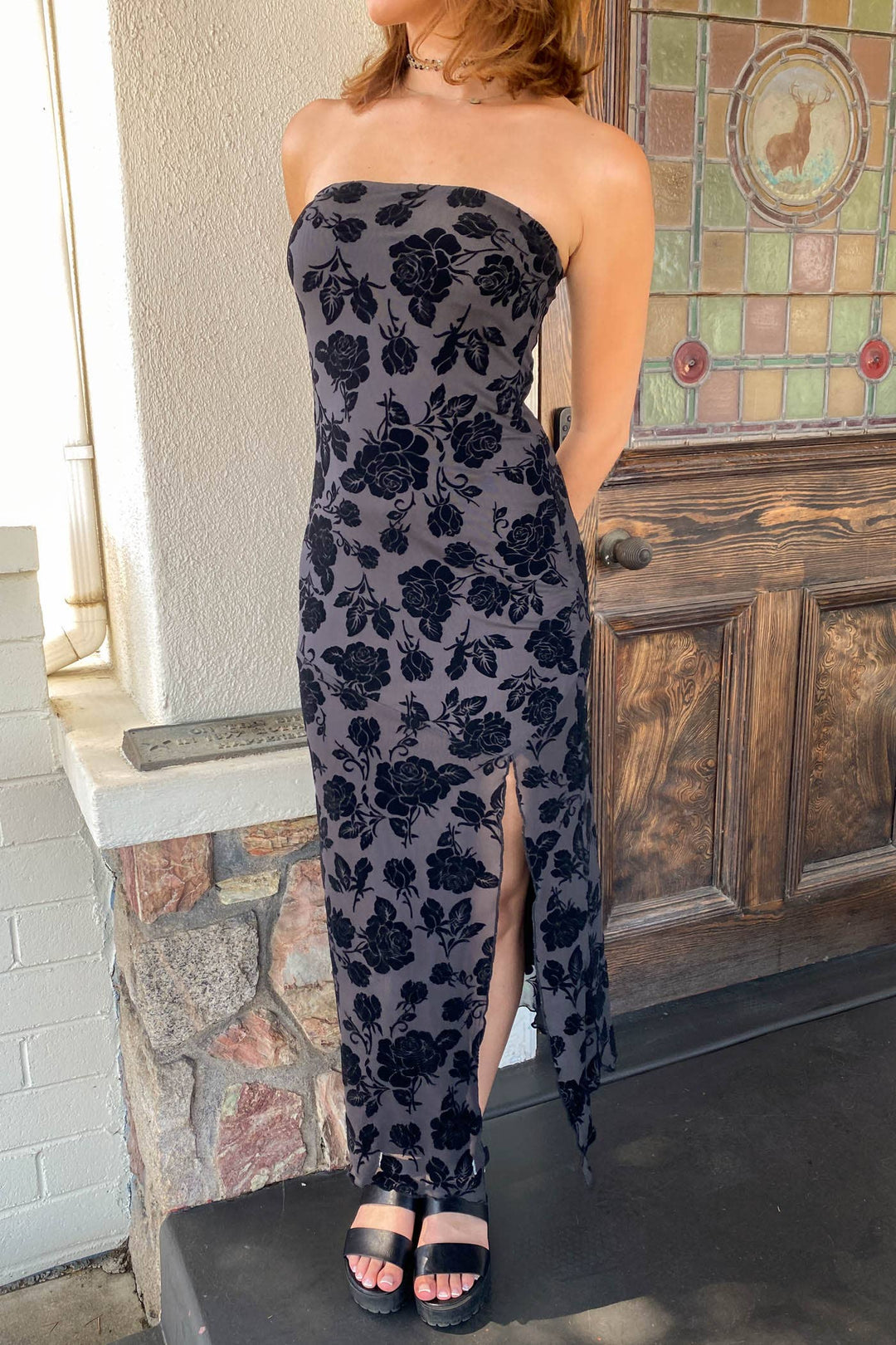 Noir Floral Lace Overlay Strapless Dress