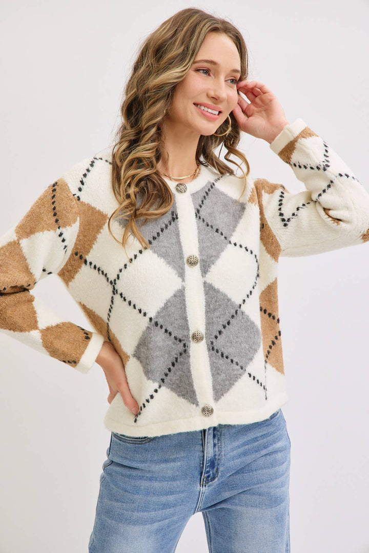 Honey and Cream Argyle Cardigan