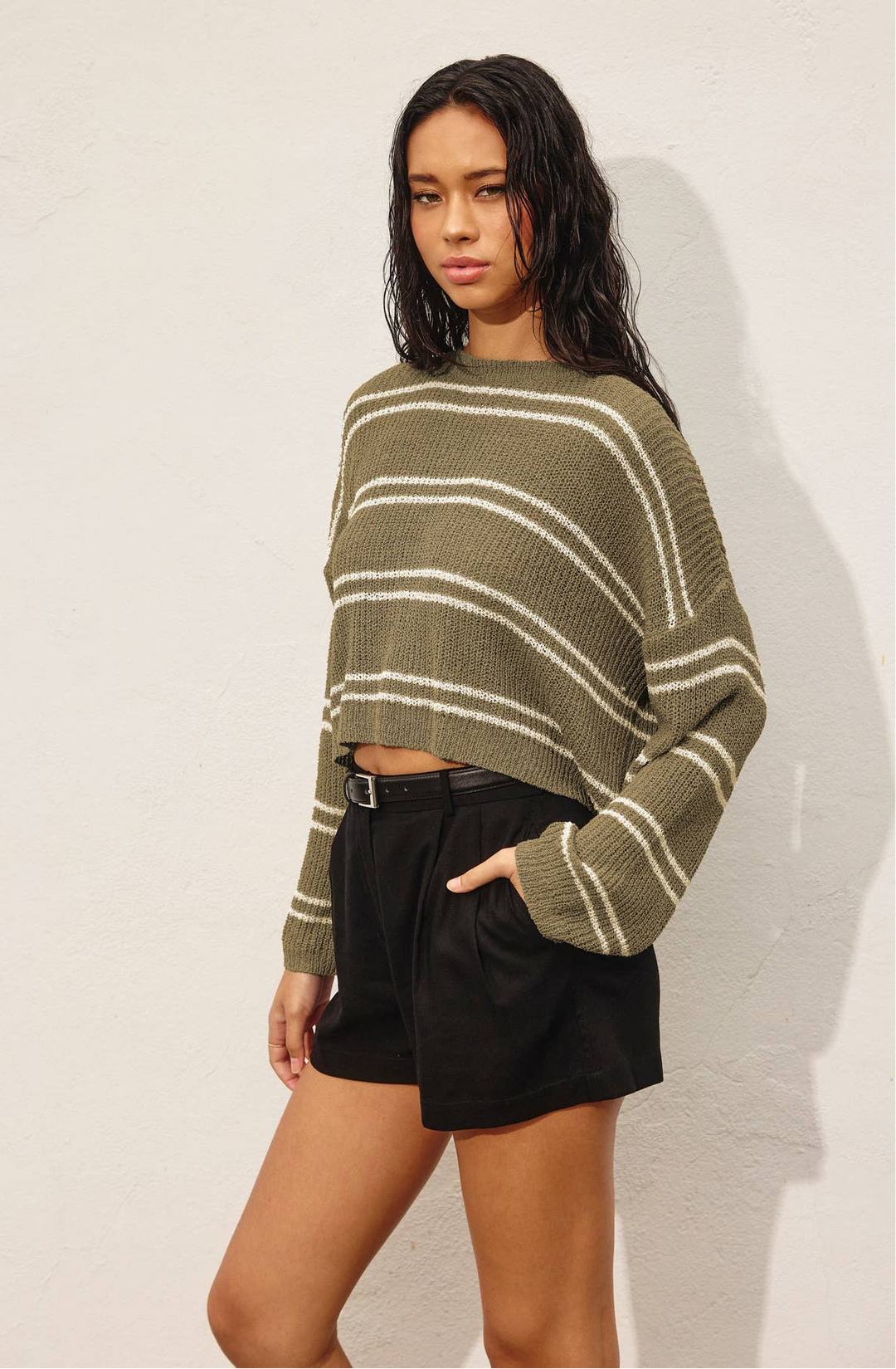 Olive Striped Knit Top