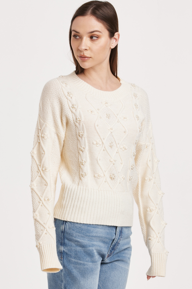 Timeless Pearl Embellished Cable Knit Sweater