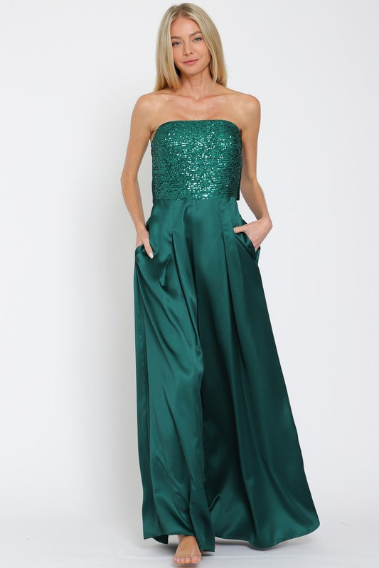 Emerald Glow Sequin Top Tie Back Satin Jumpsuit