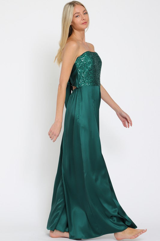 Emerald Glow Sequin Top Tie Back Satin Jumpsuit