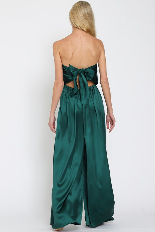 Emerald Glow Sequin Top Tie Back Satin Jumpsuit