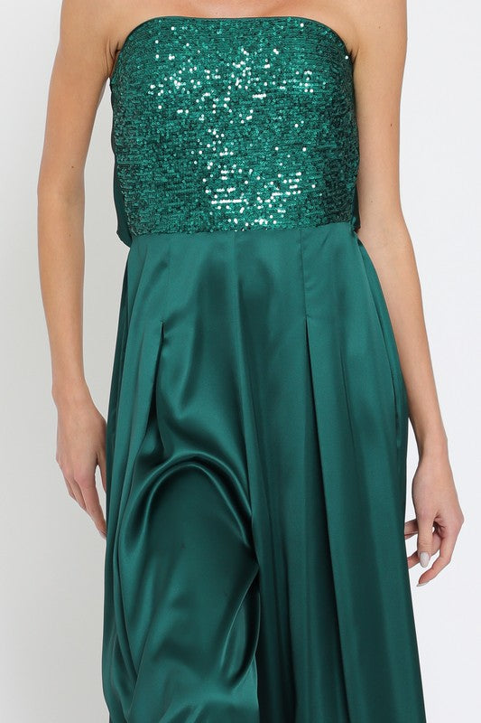 Emerald Glow Sequin Top Tie Back Satin Jumpsuit