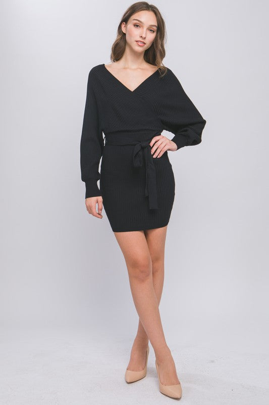 Classic Elegance Surplice Wrap Front Ribbed Knit Mini Dress