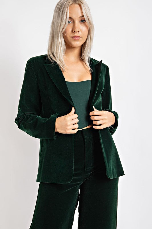 Holiday Finery Green Button Front Velvet Blazer