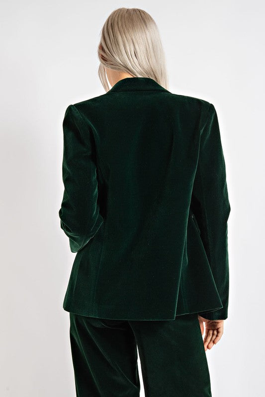 Holiday Finery Green Button Front Velvet Blazer