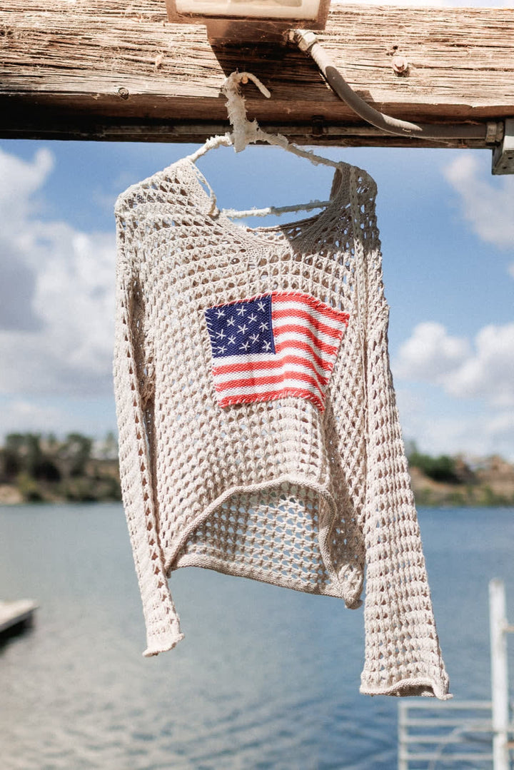 American Flag Crochet Hoodie Top