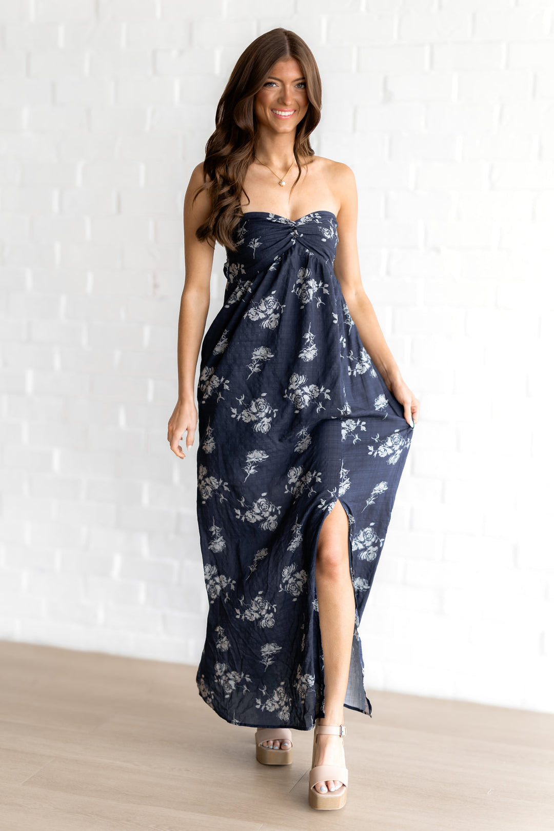 Navy Floral Strapless Maxi Dress