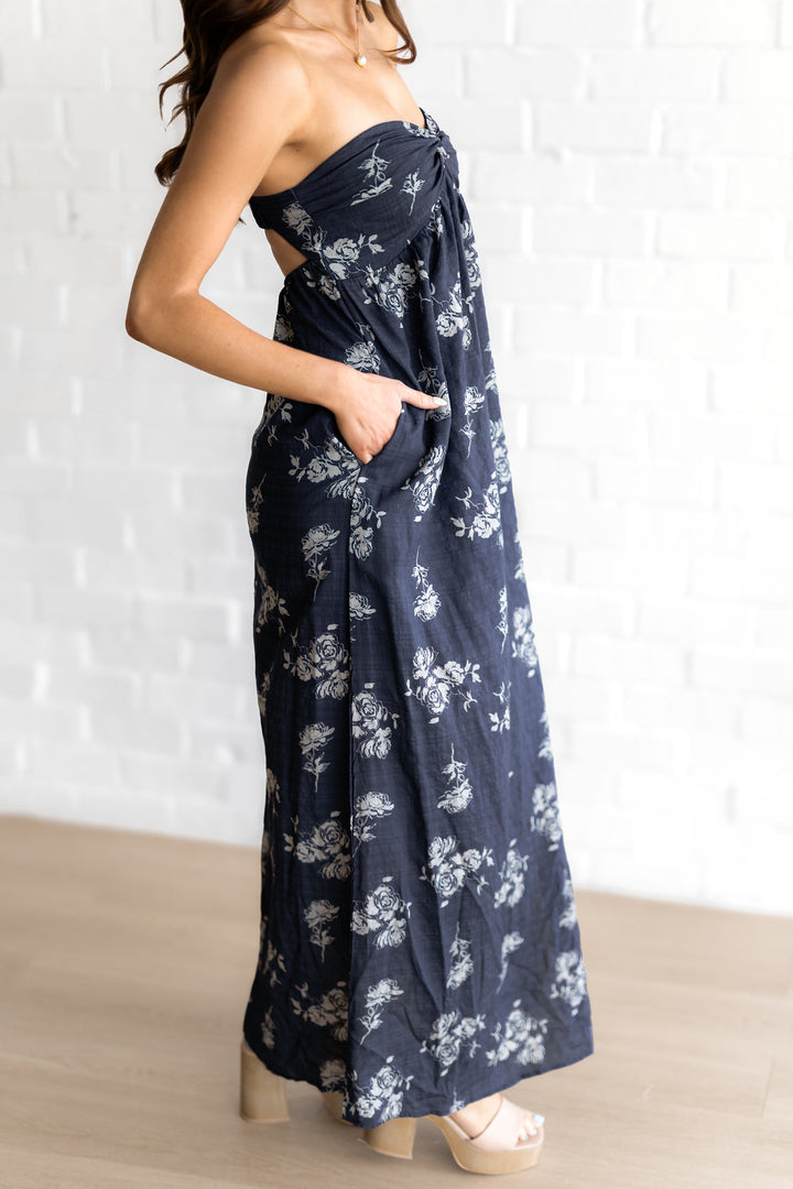 Navy Floral Strapless Maxi Dress