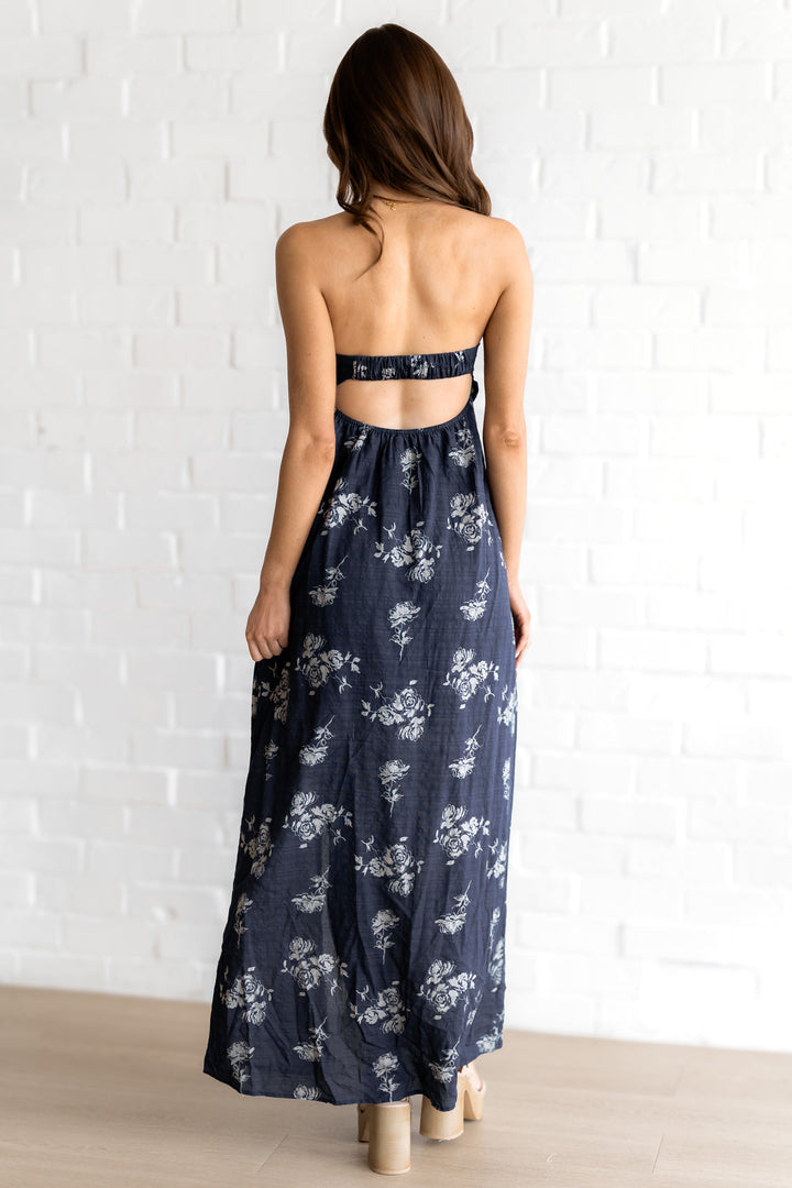 Navy Floral Strapless Maxi Dress