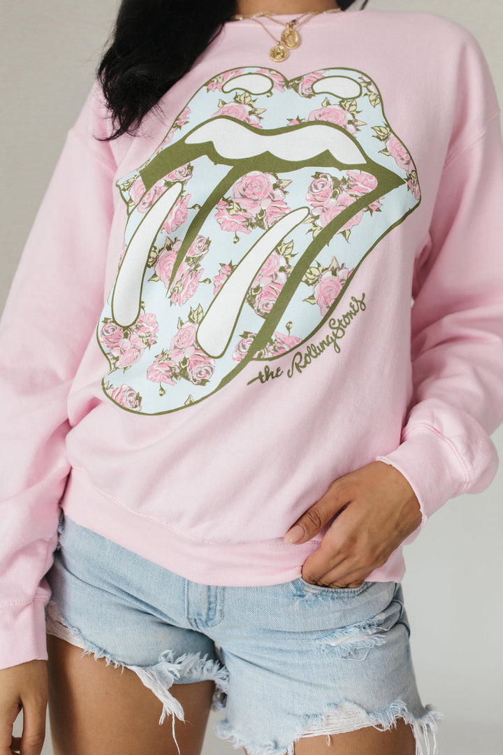 Rolling Stones Floral Lick Pink Graphic Licensed  Sweatshirt