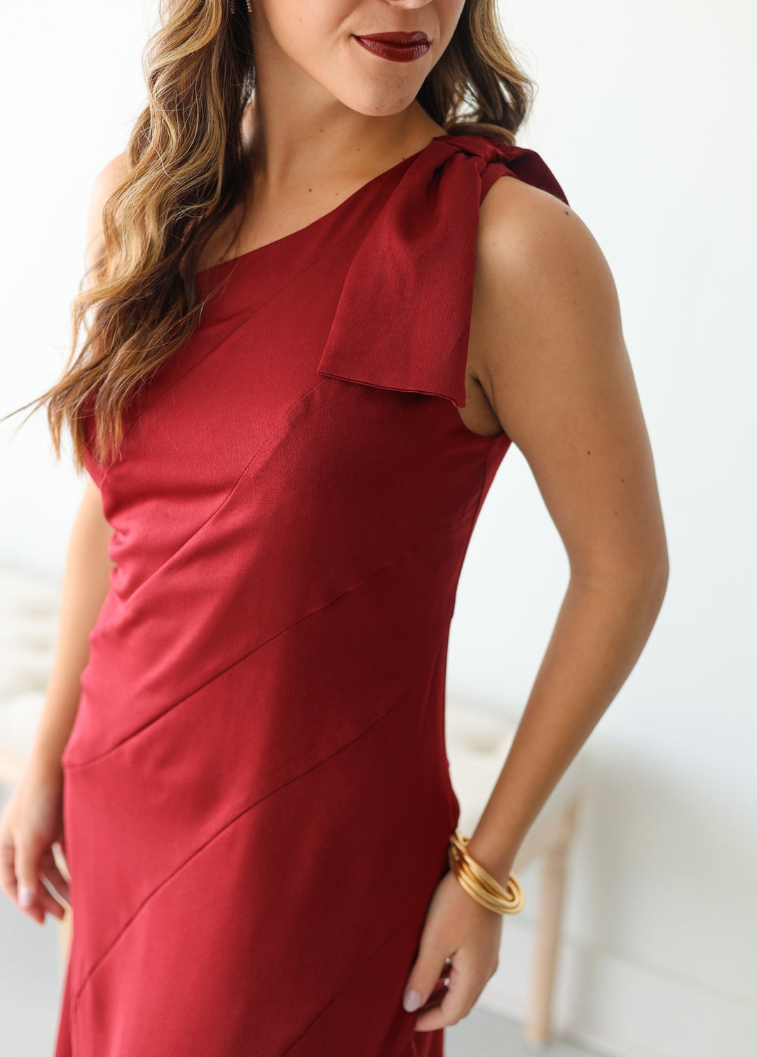 Bordeaux One Shoulder Midi Dress