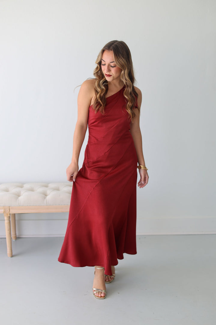 Bordeaux One Shoulder Midi Dress