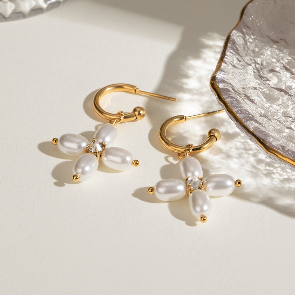 Chaleur 18K Gold Non-Tarnish Pearl Cross Earrings