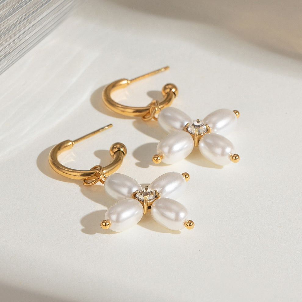 Chaleur 18K Gold Non-Tarnish Pearl Cross Earrings