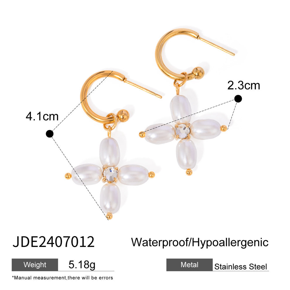 Chaleur 18K Gold Non-Tarnish Pearl Cross Earrings