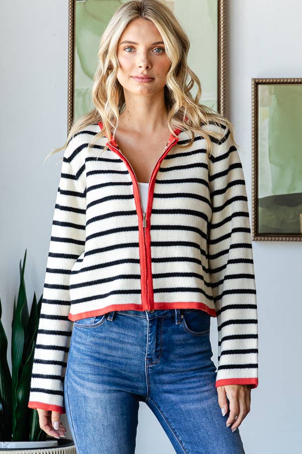 Striped Zip Up Contrast Knit Cardigan