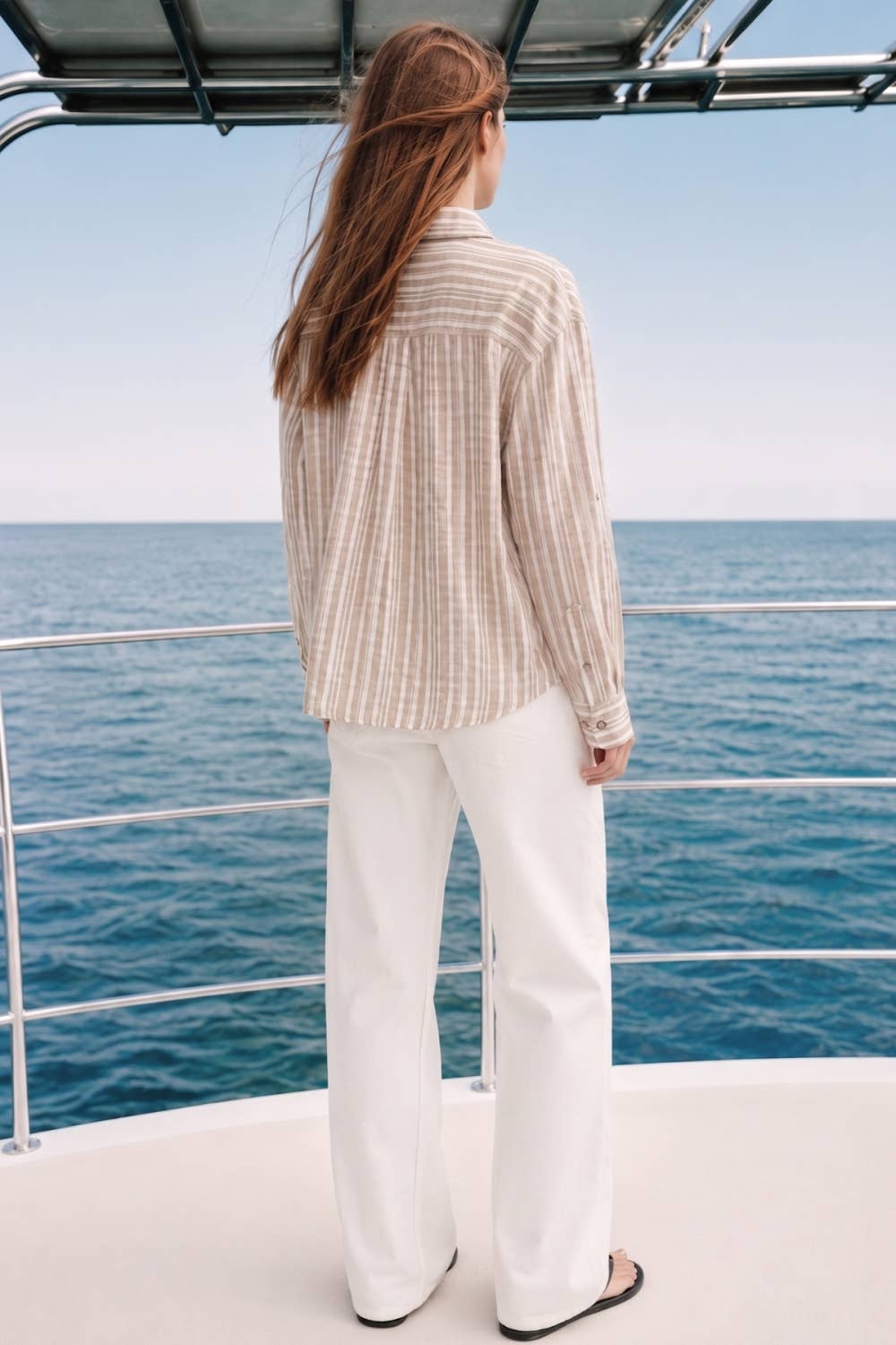 Linen Blend Twist Front Stripe Top