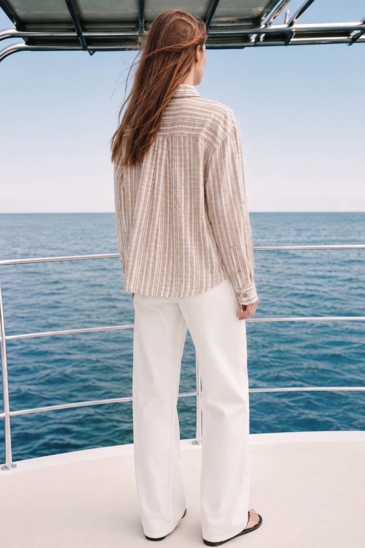Linen Blend Twist Front Stripe Top