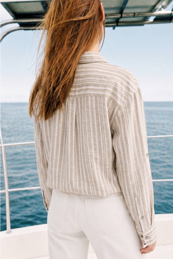 Linen Blend Twist Front Stripe Top