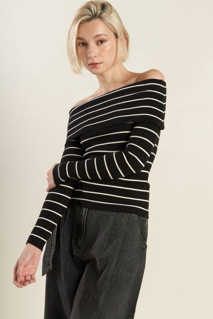 Bardot Stripe Knit Off The Shoulder Top