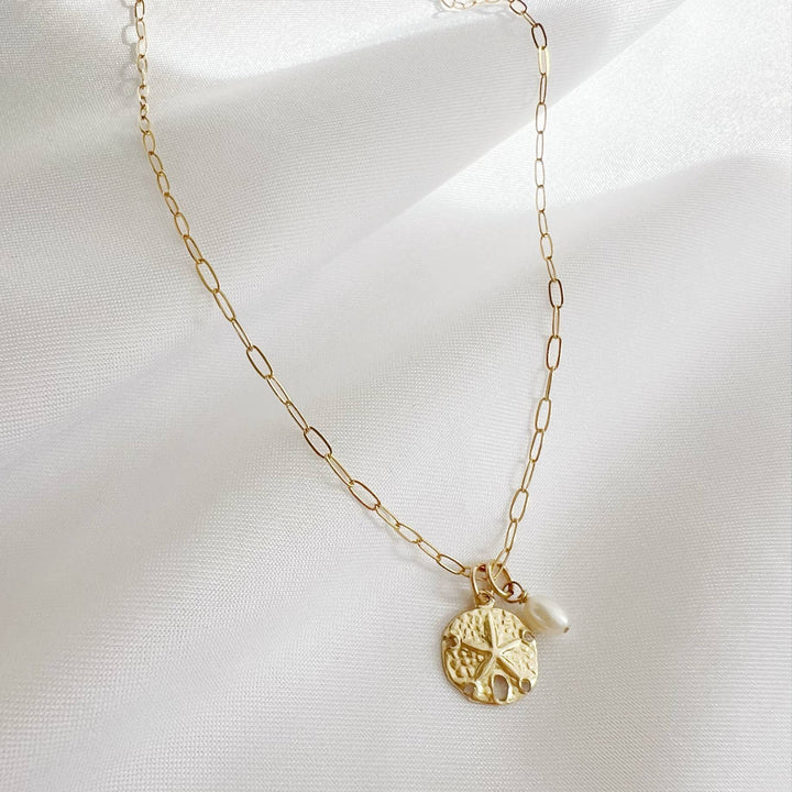 Sandy Pearl Sand Dollar Charm Gold 14K Filled Necklace