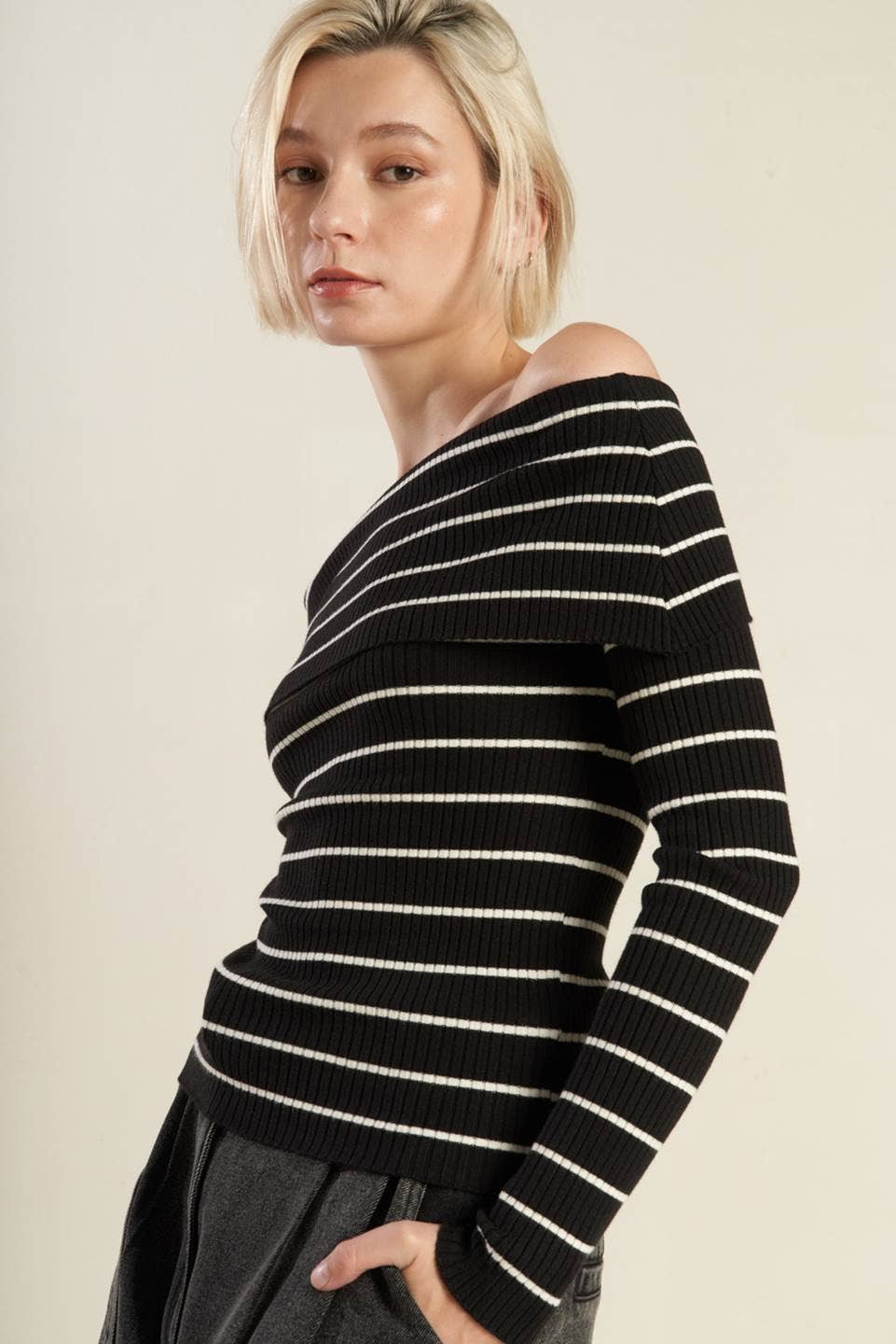 Bardot Stripe Knit Off The Shoulder Top