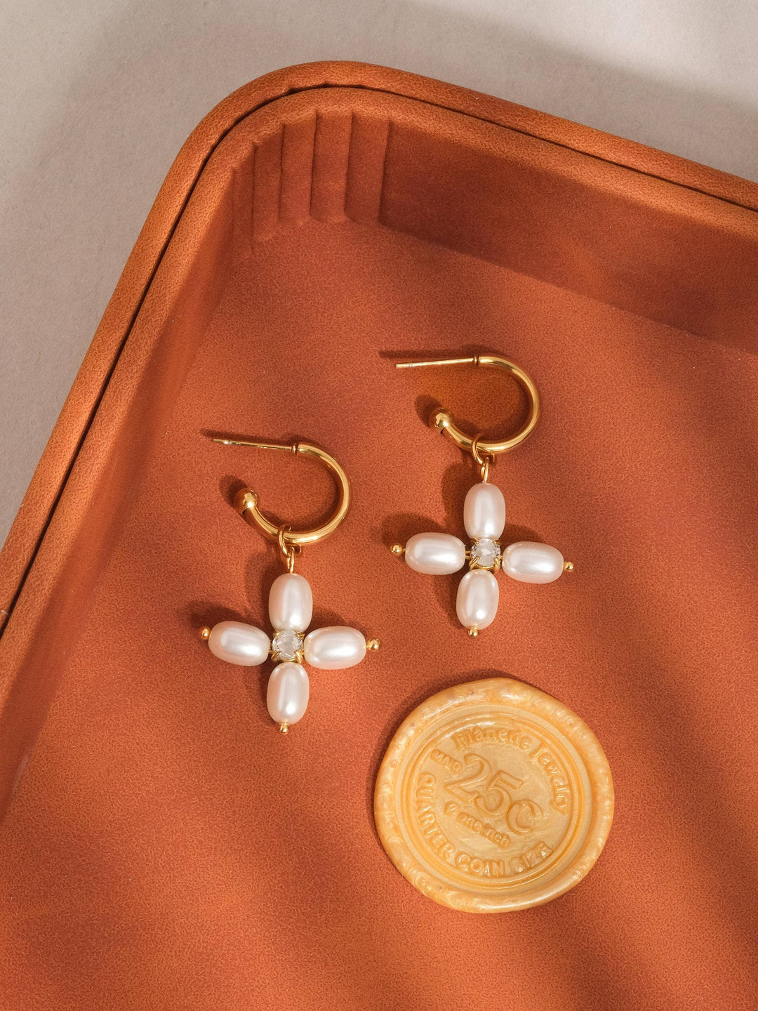 Chaleur 18K Gold Non-Tarnish Pearl Cross Earrings