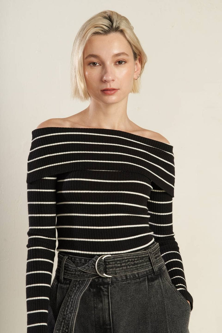 Bardot Stripe Knit Off The Shoulder Top